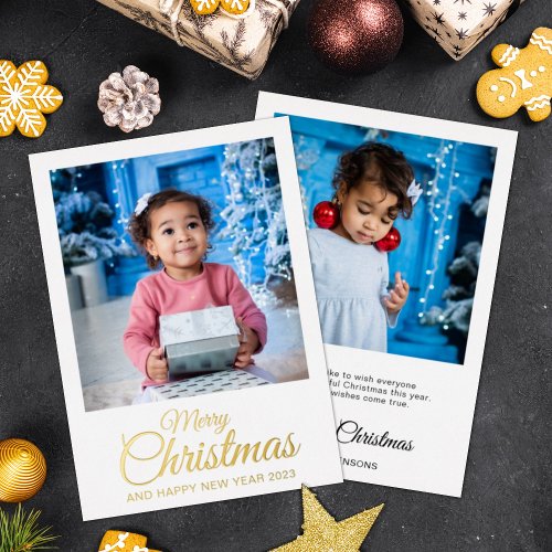 Merry Christmas 2 photos elegant script gold  Foil Holiday Card