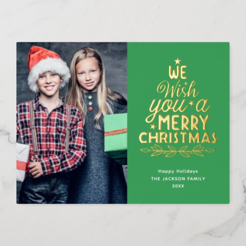 Merry Christmas 2 photos gold Foil Holiday Postcard