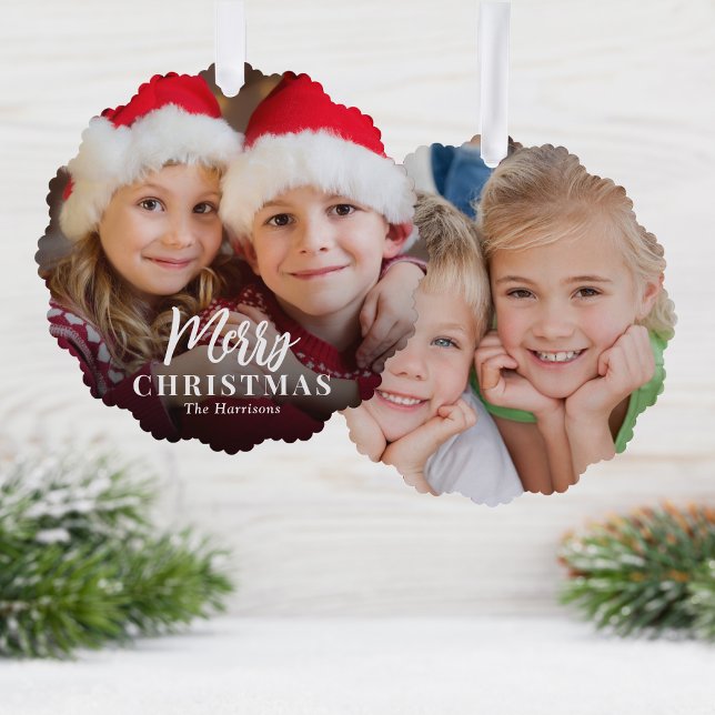Merry Christmas 2 Photos Holiday Ornament Card (Share the love and warmth of the holiday season with a photo paper ornament card)