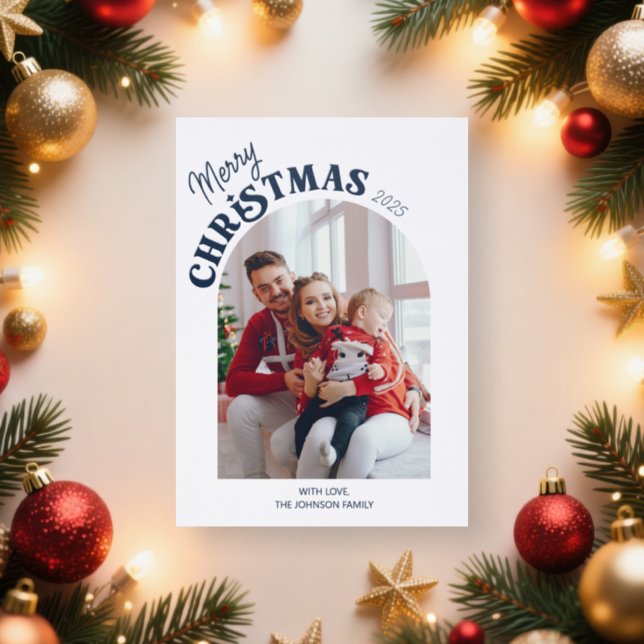 Merry Christmas 2 pictures arch modern minimal Letterpress Photo Cards (Insitu)