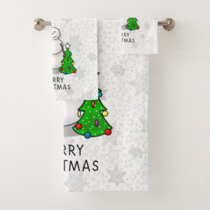 Merry Christmas 2 Tree Stocking Snowman Bath Towel Set