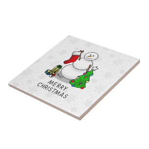 Merry Christmas 2 Tree Stocking Snowman Ceramic Tile