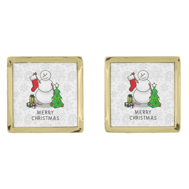 Merry Christmas 2 Tree Stocking Snowman Cufflinks (Front)