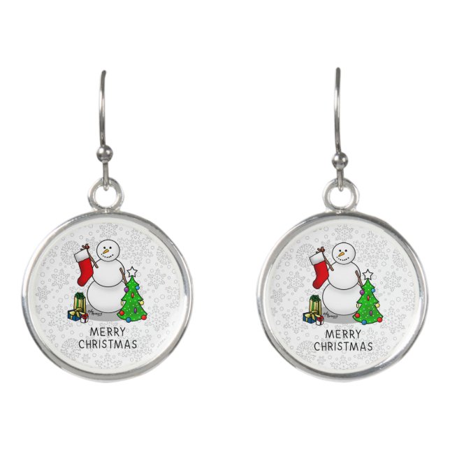 Merry Christmas 2 Tree Stocking Snowman Earrings (Front)