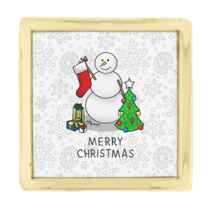Merry Christmas 2 Tree Stocking Snowman Gold Finish Lapel Pin