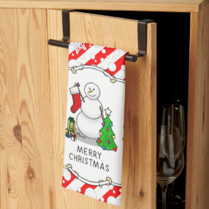 Merry Christmas 2 Tree Stocking Snowman Kitchen Towel