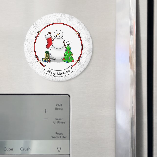 Merry Christmas 2 Tree Stocking Snowman Magnet (In Situ (Fridge))