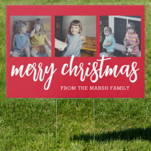 merry christmas - 3 family photos - script red sign