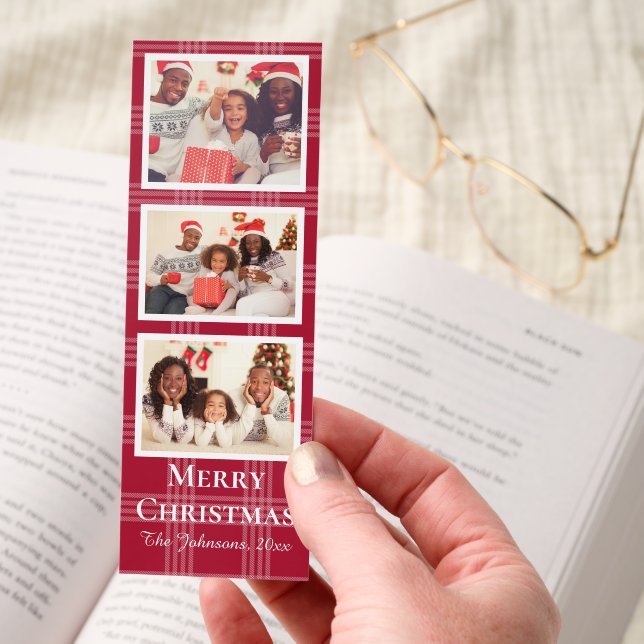 merry christmas 3 photo booth red buffalo plaid bookmarks (Hand)