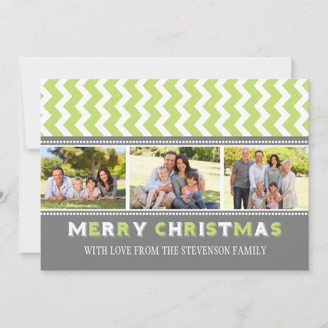 Merry Christmas 3 Photo Card Grey Green Chevron (Front)