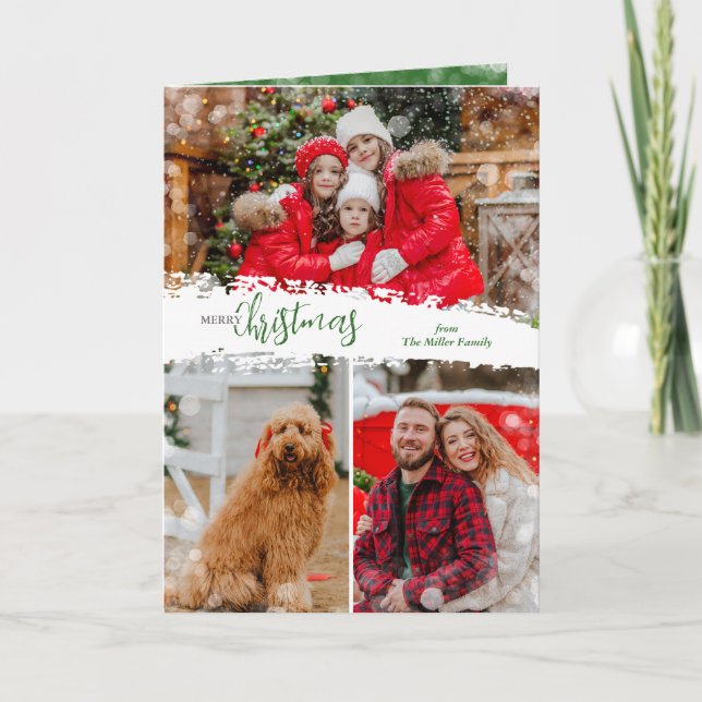 Merry Christmas 3 Photo Collage Folded Holiday Card (Front)