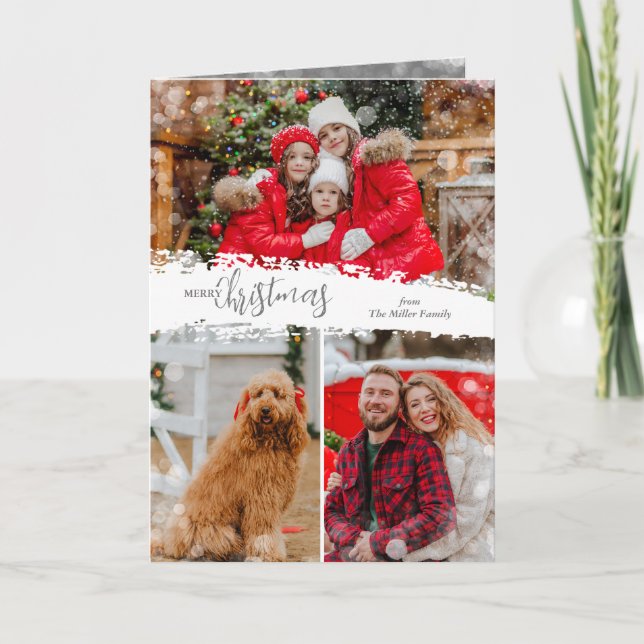 Merry Christmas 3 Photo Collage Folded Holiday Card (Front)