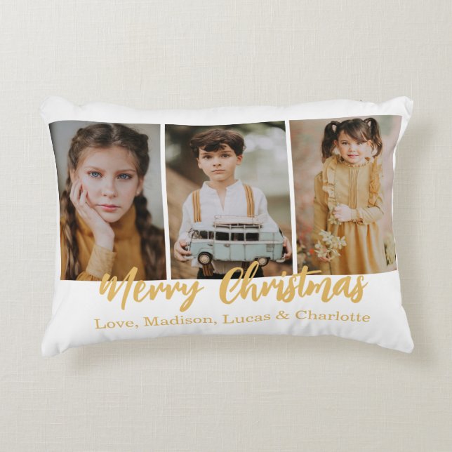 Merry Christmas 3 Photo Collage Gold Accent Pillow (Front)