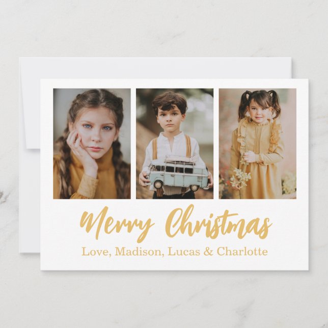 Merry Christmas 3 Photo Collage Gold Invitation (Front)