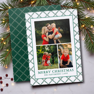 Merry Christmas 3 Photo Collage Green White Letterpress Photo Cards