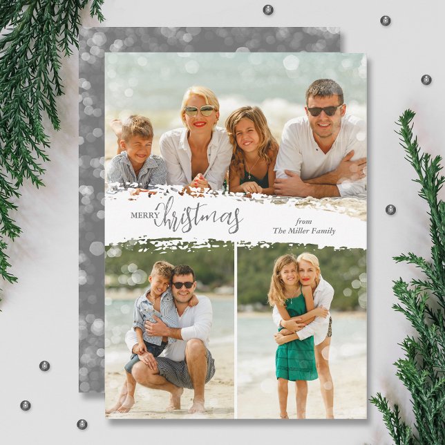 Merry Christmas 3 Photo Collage Holiday Card (Silver grey Merry Christmas 3 photo grid collage holiday cards, PRINTED and/or INSTANT DOWNLOAD)