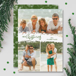 Merry Christmas 3 Photo Collage Holiday Card<br><div class="desc">Merry Christmas and your family name in chic lettering is on a splash of snow in the middle of your favorite three photos. A blurred lights accent borders the front and the back where your personal family greeting is featured. *CHANGE the color on the back with our Editing Tool. Select...</div>