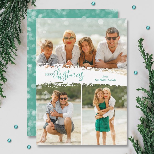 Merry Christmas 3 Photo Collage Holiday Card (Aqua Merry Christmas 3 photo grid collage holiday cards, PRINTED and/or INSTANT DOWNLOAD)