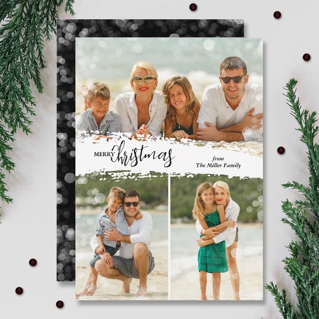 Merry Christmas 3 Photo Collage Holiday Card (Black Merry Christmas 3 photo grid collage holiday cards, PRINTED and/or INSTANT DOWNLOAD)