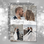 Merry Christmas 3 Photo Collage Holiday Card<br><div class="desc">Multi-photo Christmas holiday cards feature Merry Christmas in chic lettering on a splash of snow in the middle. Just upload three photos and add your family greeting and names on the back. *CHANGE the color on the back with our Editing Tool. Select High Definition for best photo quality.</div>