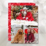 Merry Christmas 3 Photo Collage Holiday Card<br><div class="desc">Multi-photo Christmas holiday cards feature Merry Christmas in chic lettering on a splash of snow in the middle. Just upload three photos and add your family greeting and names on the back. *CHANGE the color on the back with our Editing Tool. Select High Definition for best photo quality.</div>