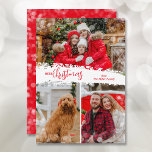 Merry Christmas 3 Photo Collage Holiday Card<br><div class="desc">Multi-photo Christmas holiday cards feature Merry Christmas in chic lettering on a splash of snow in the middle. Just upload three photos and add your family greeting and names on the back. *CHANGE the color on the back with our Editing Tool. Select High Definition for best photo quality.</div>