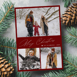 Merry Christmas 3 photo collage modern red Holiday Card