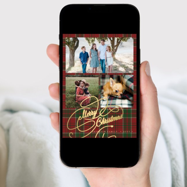 Merry Christmas 3 photo collage plaid folded Holiday Card (Front Digital)