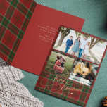Merry Christmas 3 photo collage plaid folded Holiday Card<br><div class="desc">Elegant stylish Merry Christmas faux gold classic calligraphy script three family photos rustic red green plaid tartan foldable holiday card with your custom personalized text message.</div>