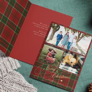 Merry Christmas 3 photo collage plaid folded Holiday Card