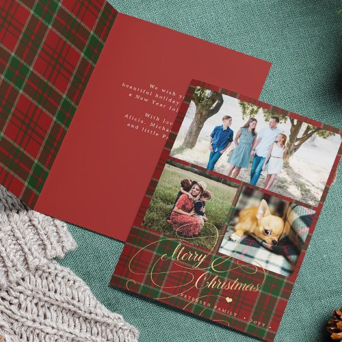 Merry Christmas 3 photo collage plaid folded Holiday Card
