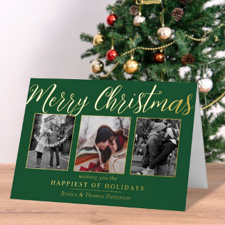 Merry Christmas 3 Photo Collage Real Foil Holiday Card