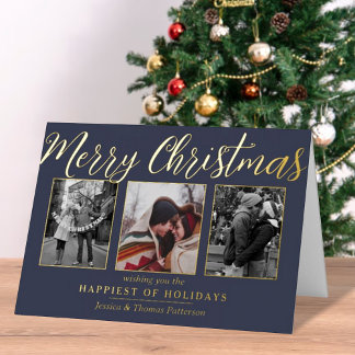 Merry Christmas 3 Photo Collage Real Foil Holiday Card