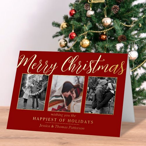 Merry Christmas 3 Photo Collage Real Foil Holiday Card