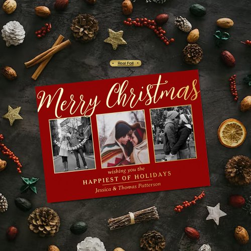 Merry Christmas 3 Photo Collage Real Foil Holiday Card