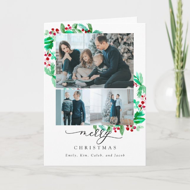 Merry Christmas 3 Photo Collage Wreath Holiday  Card (Front)
