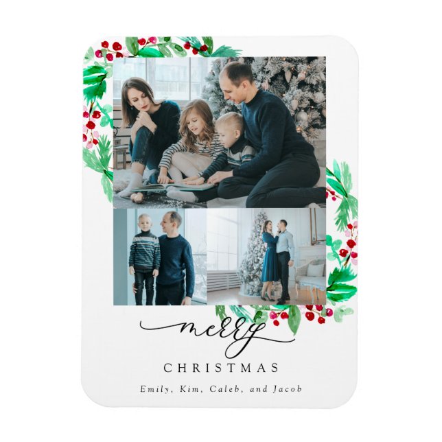 Merry Christmas 3 Photo Collage Wreath Holiday Magnet (Vertical)