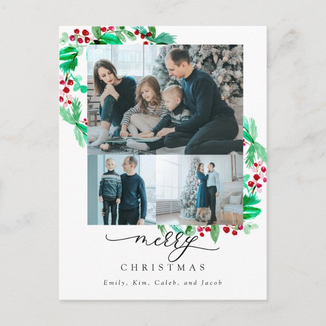 Merry Christmas 3 Photo Collage Wreath Holiday  Postcard (Front)