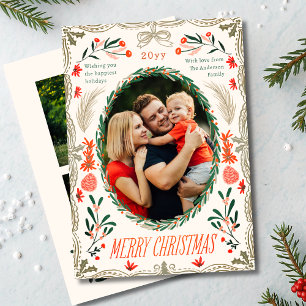 Merry Christmas 3 Photo Coquette Botanical Floral Holiday Card