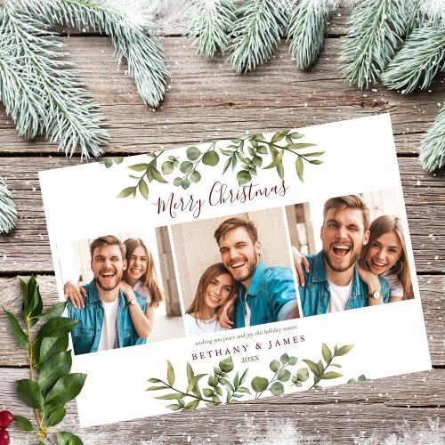 Merry Christmas 3 Photo Couples Greenery Holiday Card