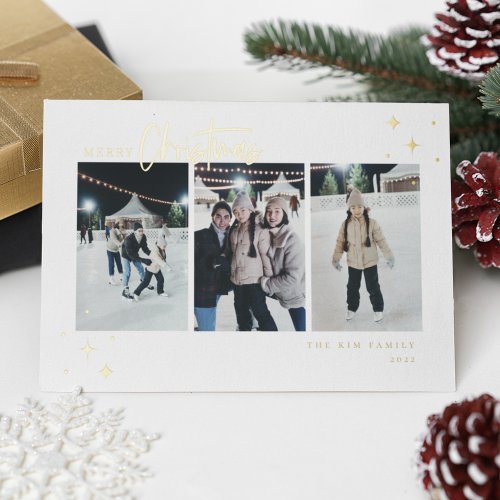 Merry Christmas 3 Photo Foil Holiday Card