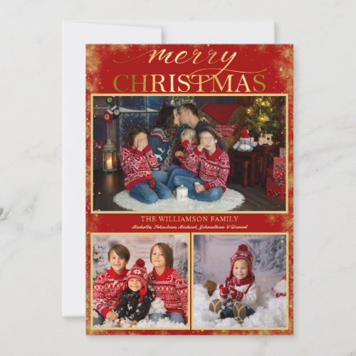 Merry Christmas 3 Photo Gold Snowflake Holiday Card
