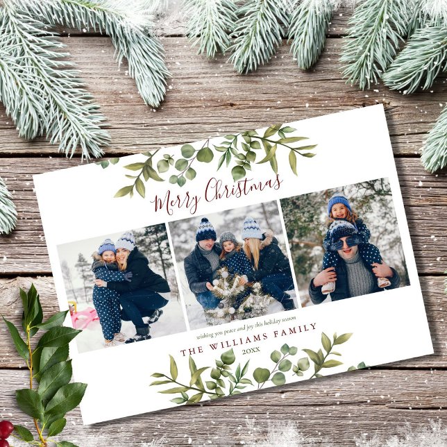 Merry Christmas 3 Photo Greenery Burgundy Holiday Card (Creator Uploaded)