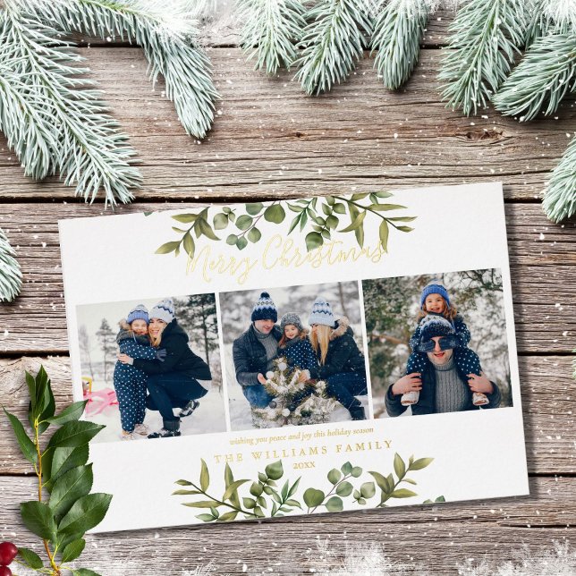 Merry Christmas 3 Photo Greenery Gold Foil Holiday Card (Creator Uploaded)