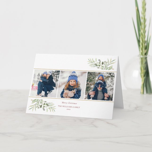 Merry Christmas 3 Photo Greenery Modern Holiday Card (Front)