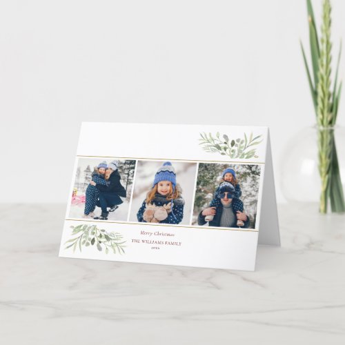 Merry Christmas 3 Photo Greenery Modern Holiday Card