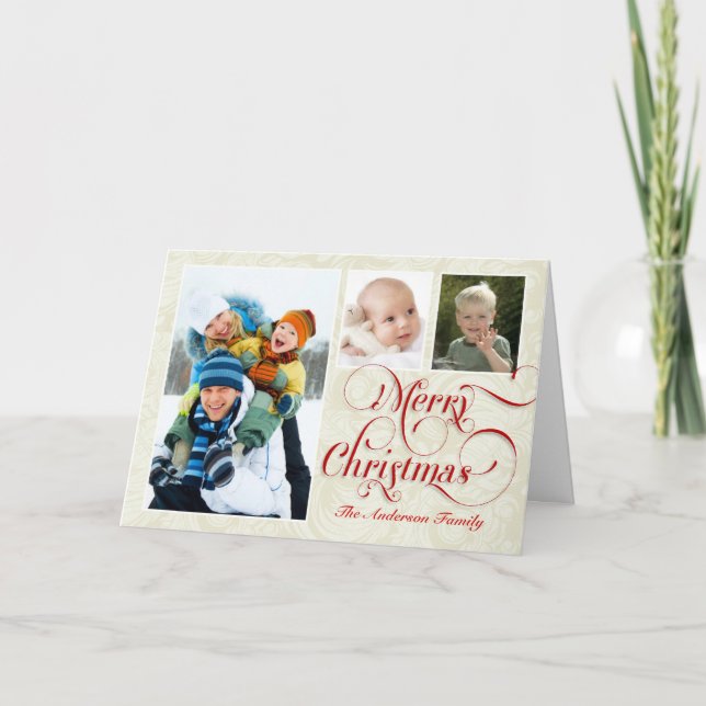 Merry Christmas 3-Photo Greeting Card Red & White (Front)