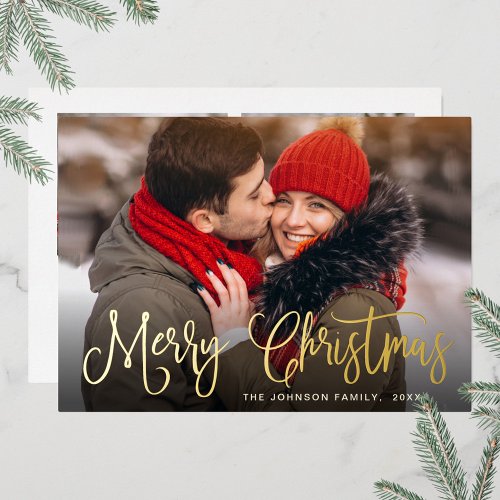 Merry Christmas 3 PHOTO Greeting Gold Foil Holiday Card