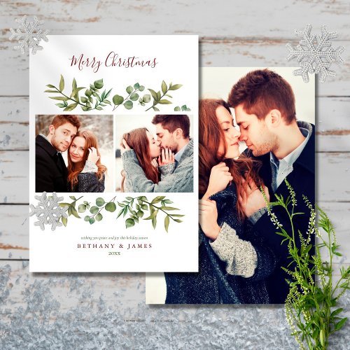 Merry Christmas 3 Photo Modern Greenery Couples Holiday Card