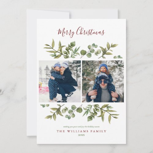 Merry Christmas 3 Photo Modern Greenery Foliage Holiday Card